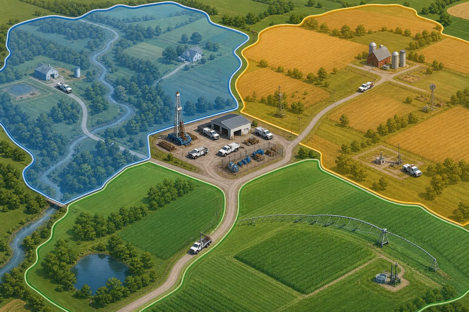 Illustration of the four connected surfaces of demand, proof, discovery, and revenue for a well drilling company