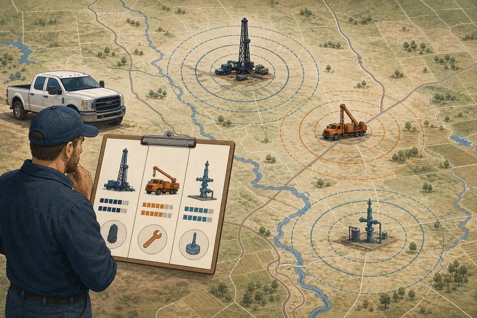 Illustration of a well contractor owner scoring drilling, pump repair, and rehabilitation services by territory, capacity, and proof