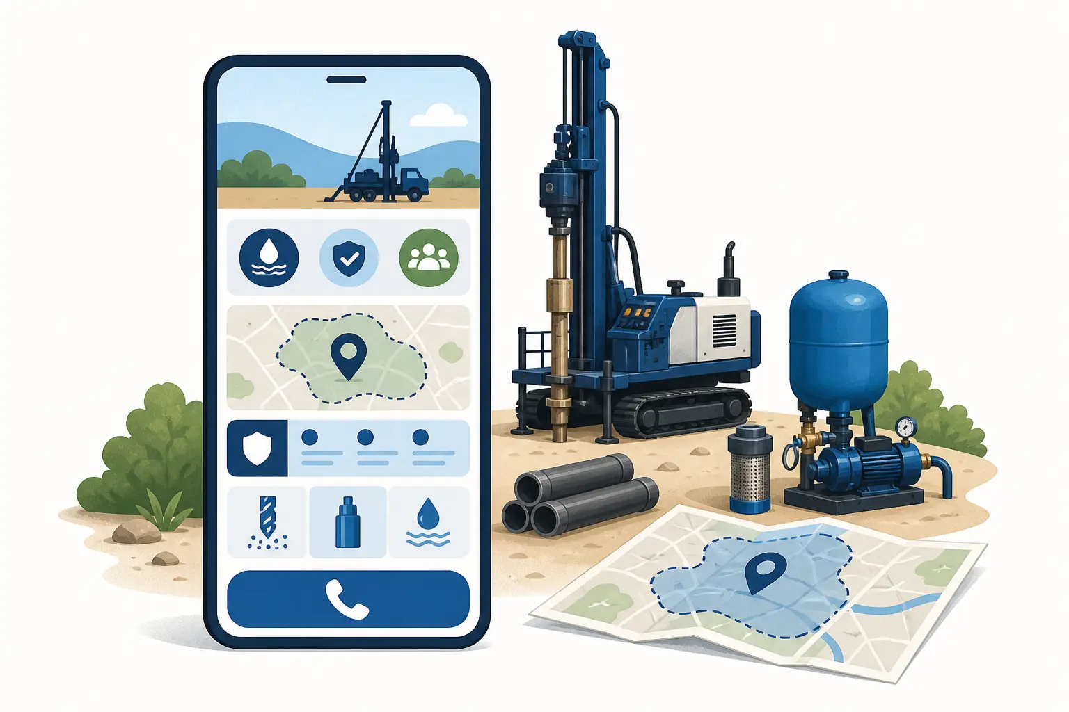 Illustration of a well drilling service page showing scope, territory, proof, related services, and a clear phone contact route