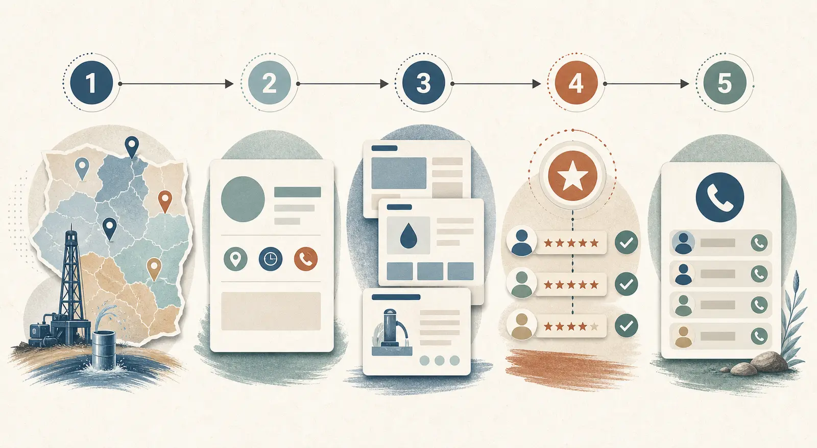 Illustration of a 90-day well drilling website call-repair plan moving from territory decisions to profile accuracy, priority pages, mobile testing, and call tracking