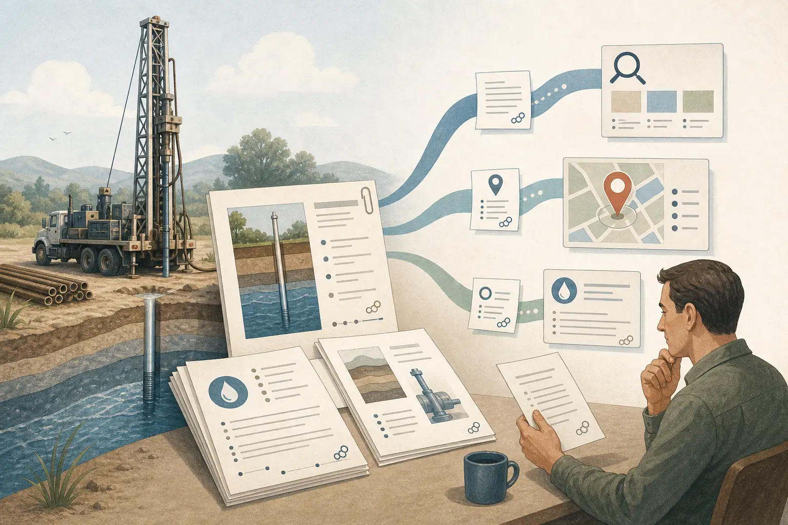 Illustration of a well drilling company publishing cited service information for Google Search, Maps, and answer engines