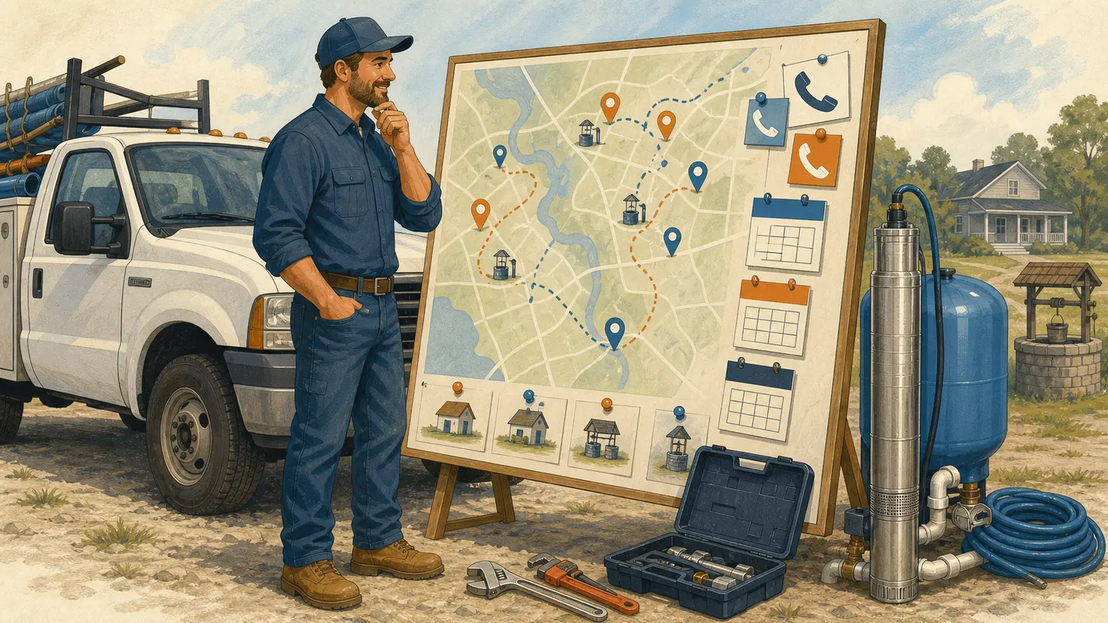 Illustration of a well pump contractor reviewing a territory marketing board beside a service truck