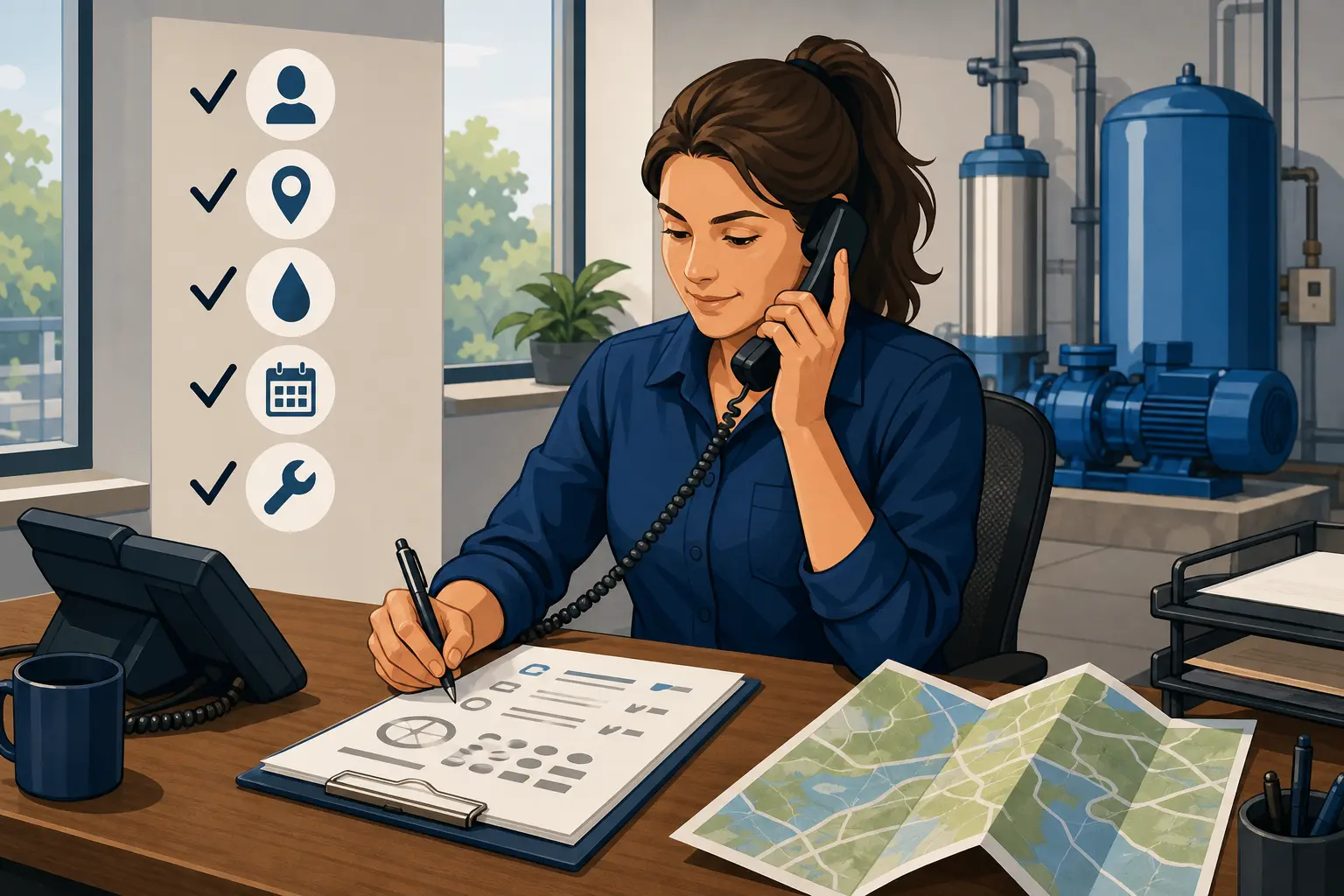 Illustration of a dispatcher using a call qualification checklist for well pump service requests