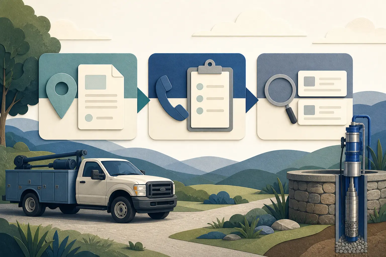 Illustration of a 90-day well pump marketing roadmap with local profile, service pages, tracking, and controlled ads
