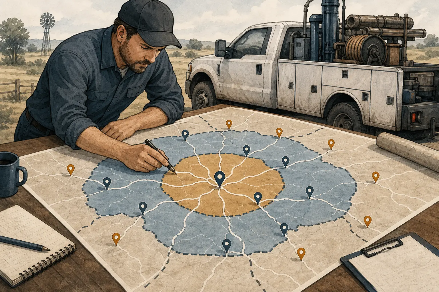Illustration of a well service manager classifying core, extended, and excluded service territories on a map
