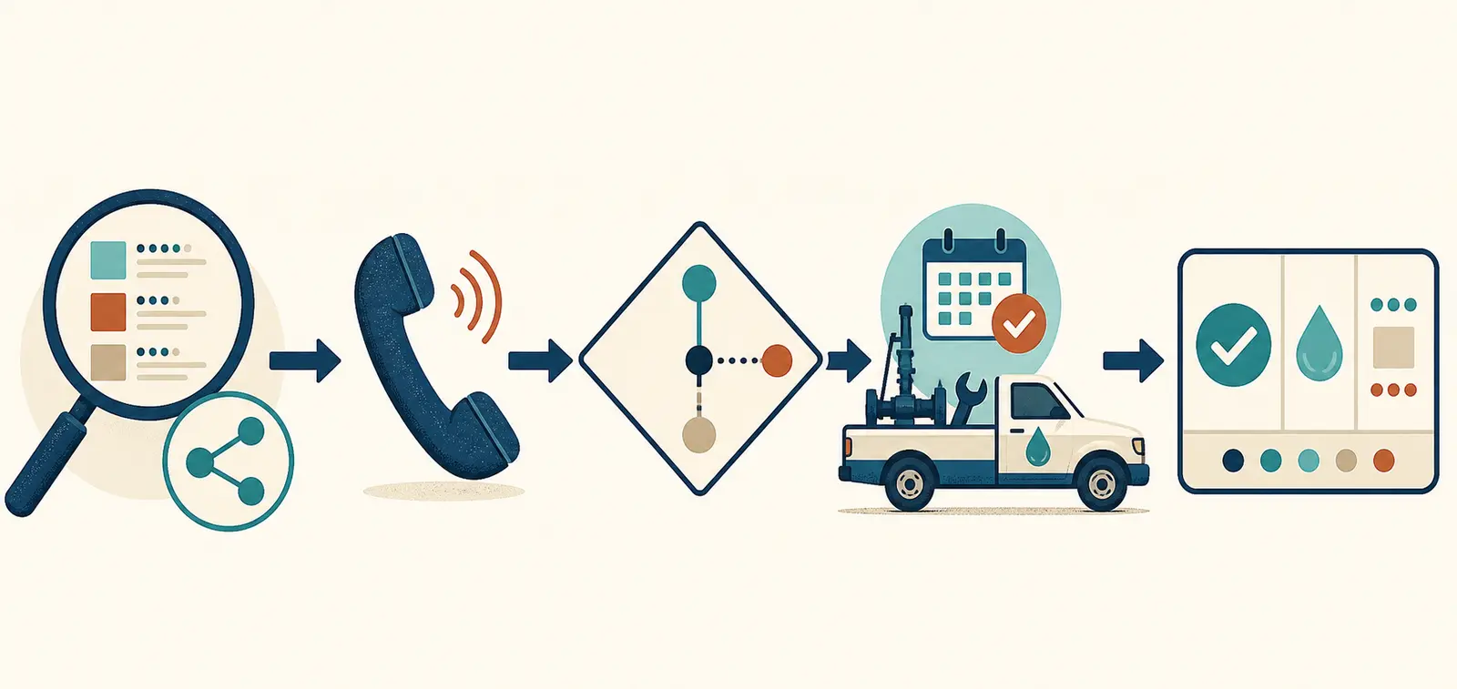 Illustration of a contractor marketing dashboard connecting call sources to accepted jobs and completed work