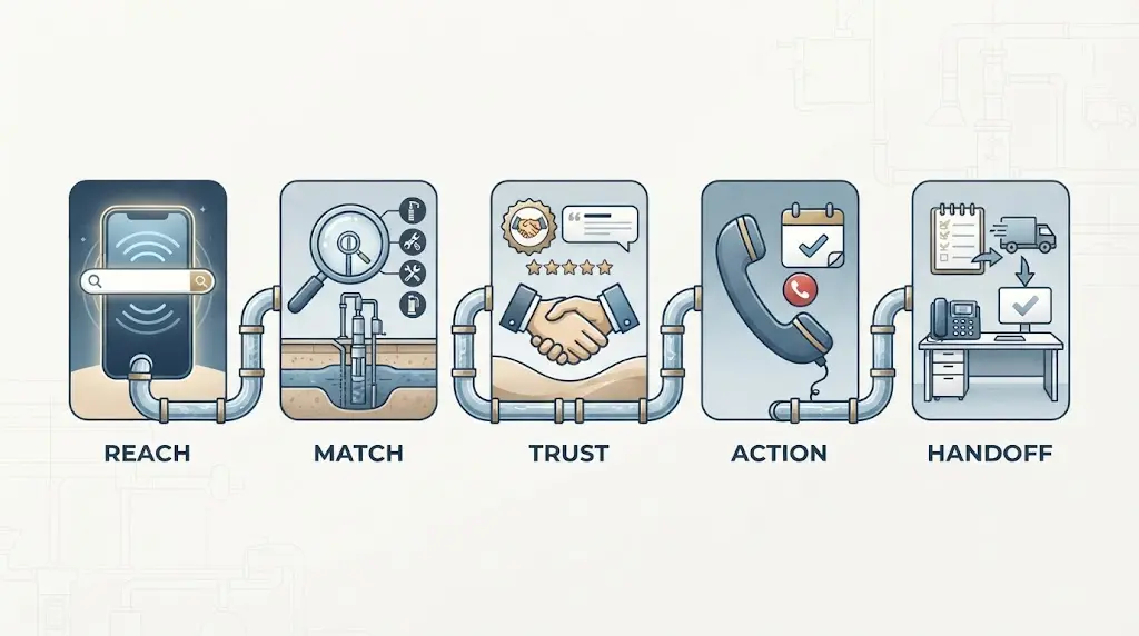 Illustration of the five-stage Call Gap Ladder connecting search visibility, service match, trust, action, and office follow-up