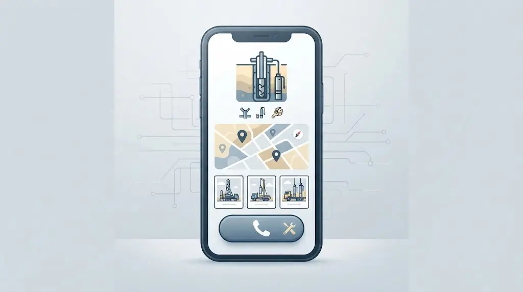 Illustration of a mobile well drilling service page with a visible call action, territory cue, and trust proof