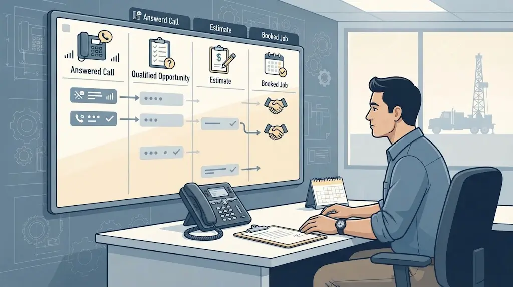 Illustration of a contractor office handoff board tracking answered calls, qualified opportunities, estimates, and booked jobs
