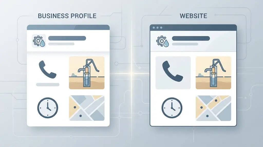 Illustration of a Google Business Profile and a well contractor website sharing consistent service, phone, and territory information